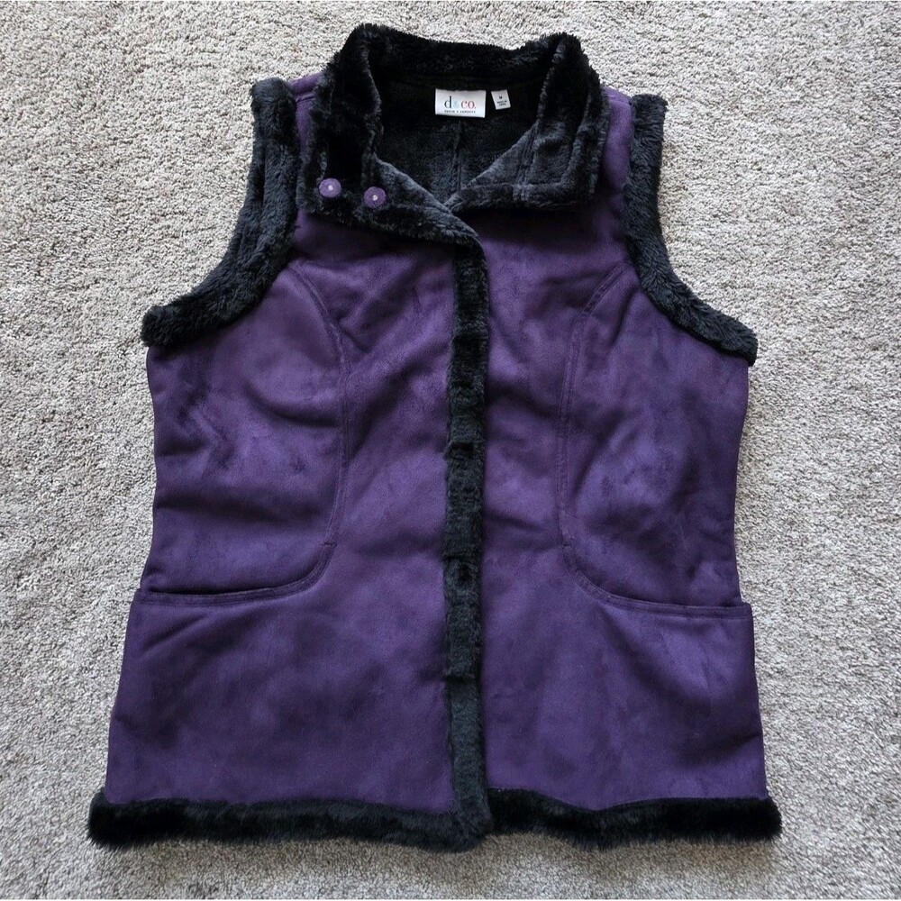 New d&co Vest M Purple Faux Suede Faux Fur Snap Front Pocket Denim & Co A211815